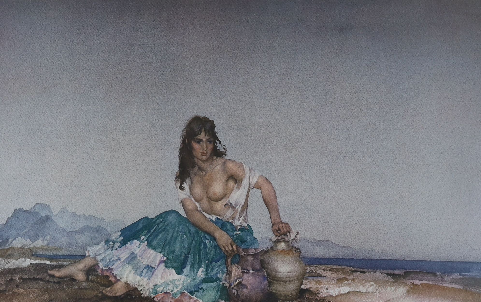 William Russell Flint, four assorted limited edition prints, 'Roxanne, France', 'Sara', 'Reclining Nude 2' and 'The Shower' and a colour reprint, largest 42 x 65cm